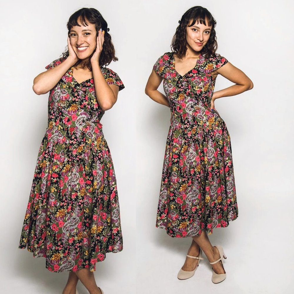 Vintage Floral Print Cotton Dress 1980s Flower Print Medium